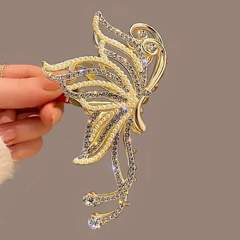 Gold Pearl Rhinestone Butterfly Hair Claw Hair Accessory
